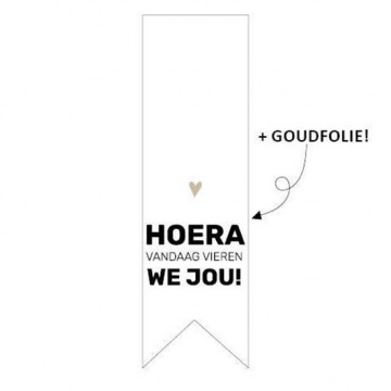 0013671wensetiket vaantje 25x84mm hoera vandaag vieren we jou550